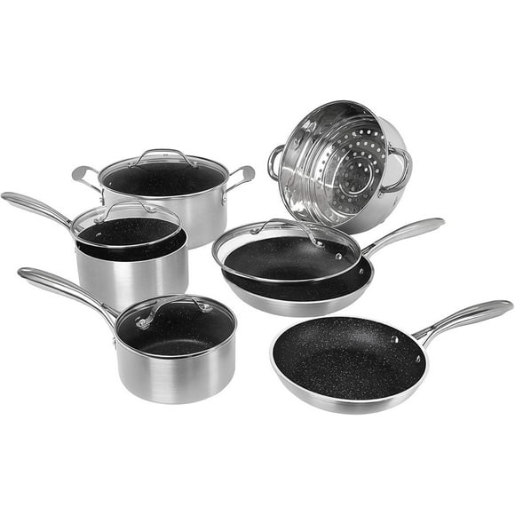 Granitestone Pots and Pans Set Nonstick, 10 Piece Complete Kitchen Cookware Set with Induction Cookware, Dishwasher Safe-Silver