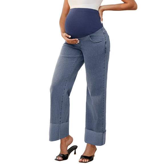 DARING DIVA Women's Denim Straight Leg Over the Belly Maternity Jeans S Retro Blue