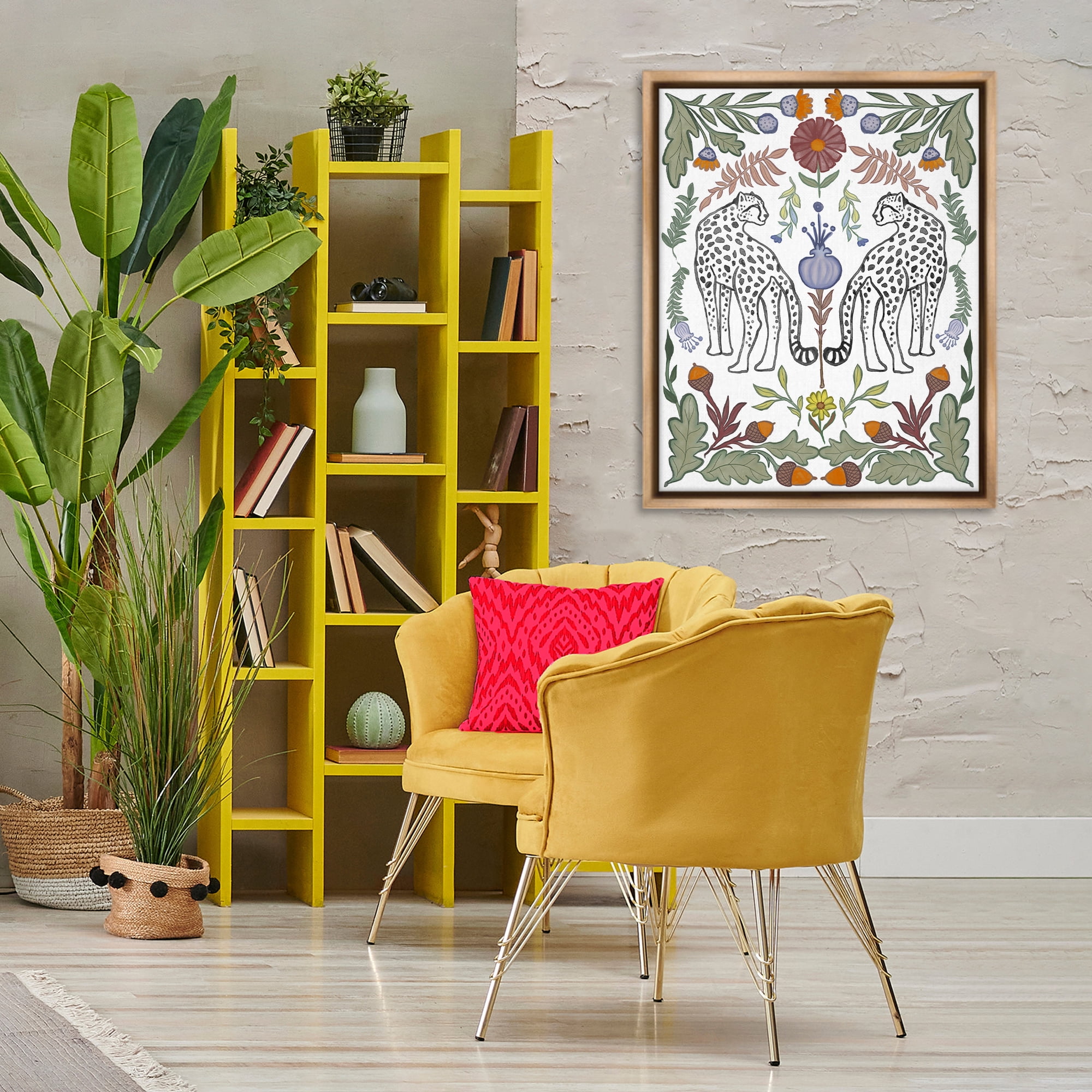 Stupell Industries Mirrored Plants with Leopards Animals Painting Brown Floater Framed Canvas Art Print Wall Art, 25 x 31