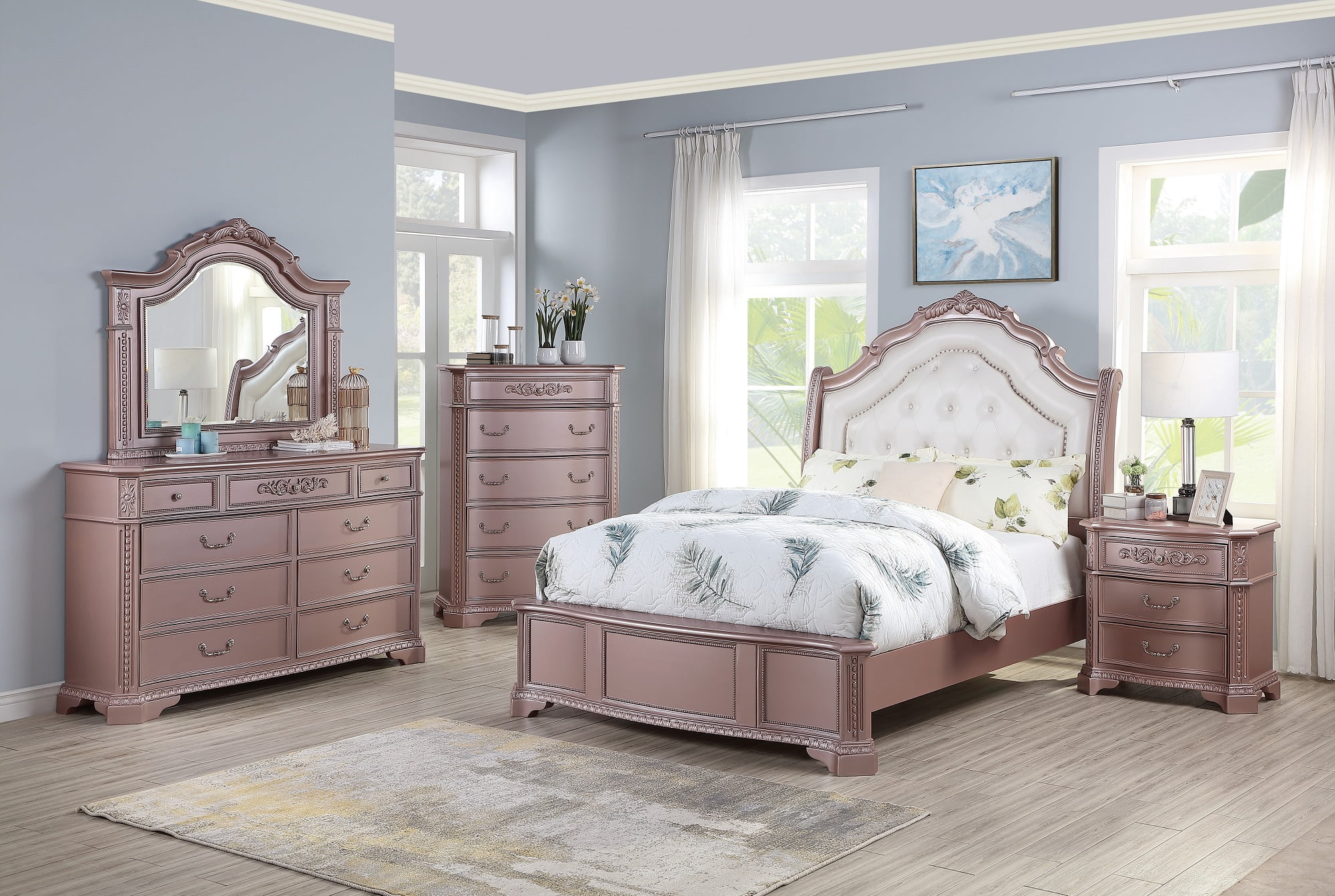 Traditional Formal 4pc Bedroom Set Queen Size Bed Dresser Mirror