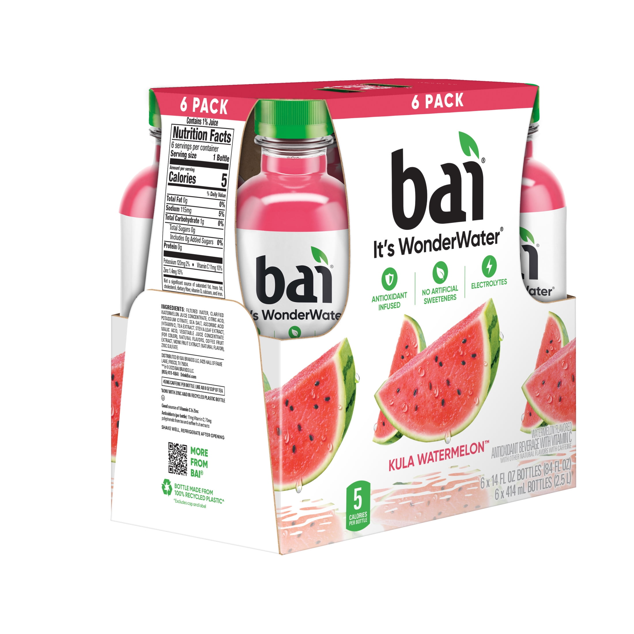 Bai Kula Watermelon Antioxidant Infused Water Beverage, 14 fl oz, 6 Pack Bottles
