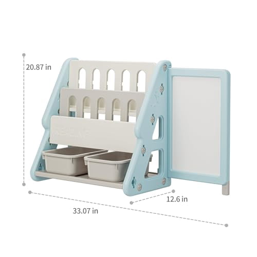 UNICOO® Toddler 3 in 1 Art Board Bookshelf and Organizer, 2-Tier Bookshelves with Storage Rack & Bins, Retractable Drawing Board, Lightweight & Compact for Nursery, Playroom(Blue & White)