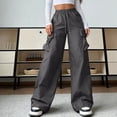 thumbnail image 2 of Kvture Women's Cargo Pants Casual Straight Wide Leg Work Pants Elastic Waisted Lightweight Loose Hiking Pant with Pockets Dark Gray Pant S, 2 of 7