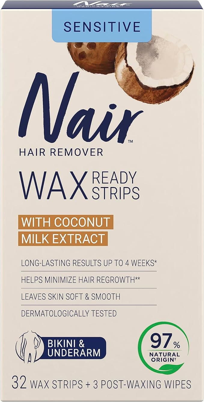 Nair Wax Ready Strips for Sensitive Skin with Coconut Milk Oil, 32 Wax strips + 3 Wipes