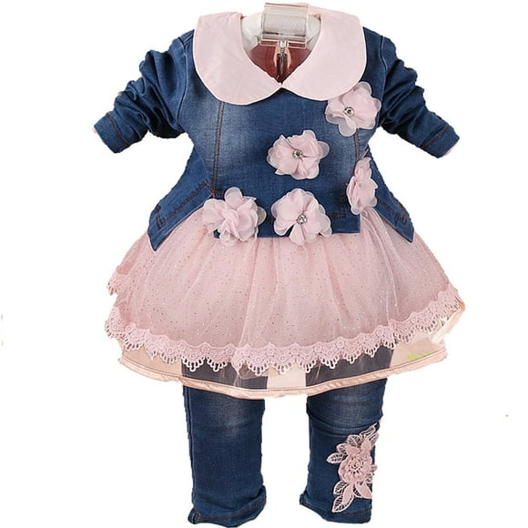 Yao 6M-4Y Infant 3Pcs Baby Girls Clothes Set Toddler Outfits Lace Dress Jacket and Jeans (6-12M,Pink)