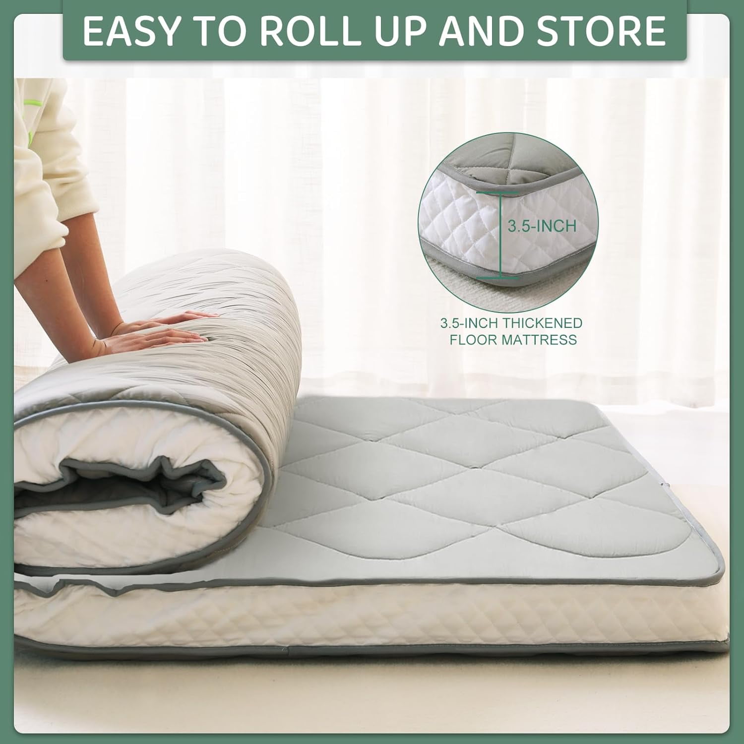 ABORON 3.5" Thick Floor Mattress Futon Mattress Twin Size Japanese Roll-up Sleeping Mattress Folding Sleeping Pad Breathable Floor Lounger Guest Bed for Camping Couch