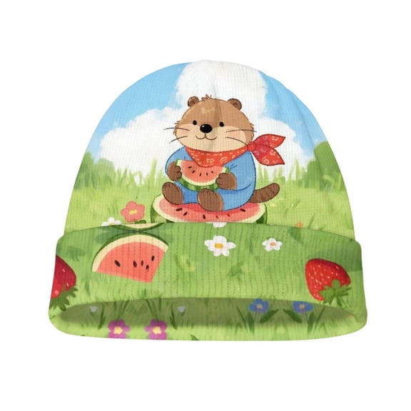 Psesaysky Cartoon Otter Watermelon Print Hats for Unisex Kids Toddler Soft Beanie Warm Windproof Cap Winter Hats for Boy Girl