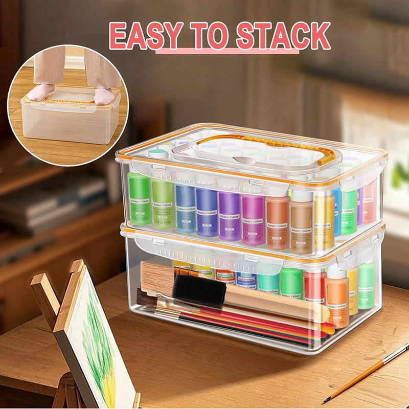 2X Acrylic Paint Storage Box for 2 Fl. Oz Acrylic Paints, 48 Bottles Capacity, Brushes Craft Organizer with Handle