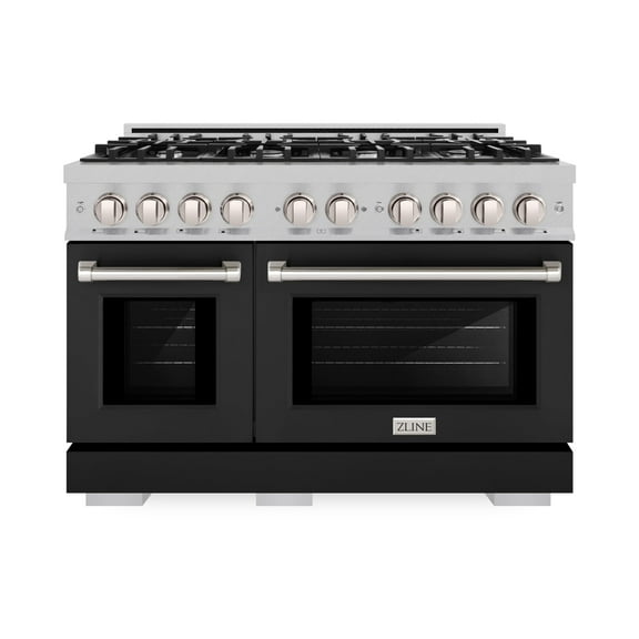 ZLINE 48 in. 6.7 cu. ft. Double Oven Gas Range with 8 Burner Cooktop in DuraSnow Stainless Steel with Black Matte Doors (HGRS-BLM-48)