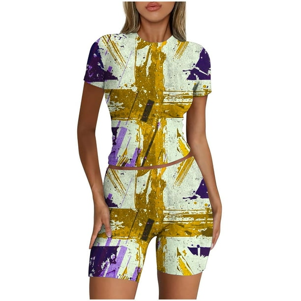 Blusas para Mujeres Casual Sólido Manga Corta Blusa de Cuello Redondo Y Pantalones Cortos Cintura Elástica Set de Dos Piezas