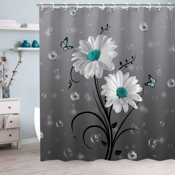 Daisy Shower Curtain Floral Shower Curtain Gray Shower Curtain White Floral Butterfly Shower Curtain for Bathroom Rustic Shower Curtain Teal and Grey Bathroom Decor Farmhouse, 72" W x 84" H