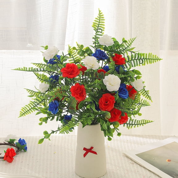 Miwamany Artificial Red and Blue Flowers, Independence Day Faux Floral Pick Stem, Lifelike Silk Flower Bouquet for Vase Wreath DIY Arrangement Holiday Party Decor