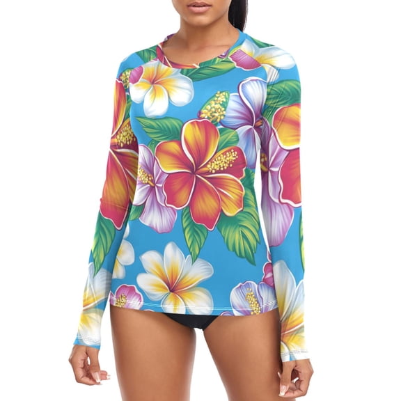 Vibrant Hawaiian Florals Women's Rash Guard Shirts UPF 50 Sun Protection Clothing Long Sleeve Swim Suits XS