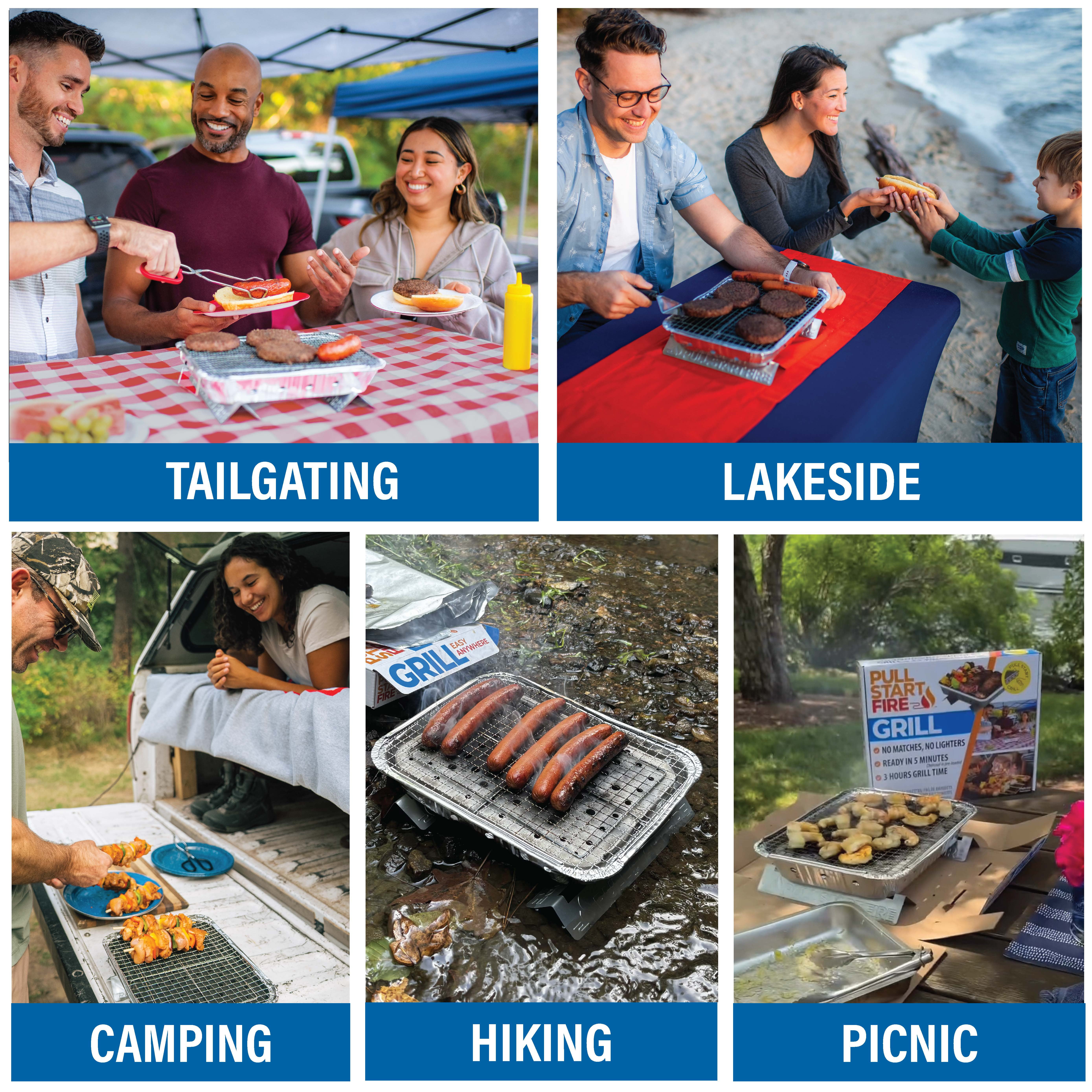 Pull Start Fire Single Use Portable Charcoal Grill, Matchless Ignition, Ready in 5 Min, 3 Hour Burn, No Cleanup