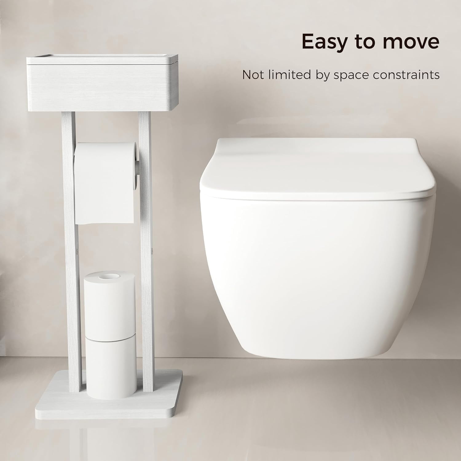 4-in-1 White Toilet Paper Holder Stand with Storage Shelf Box, Bamboo Free Standing Toilet Tissue Roll, Toilet Wipes Dispenser Organizer, Temporary Desktop for Bathroom (Patent Protection)