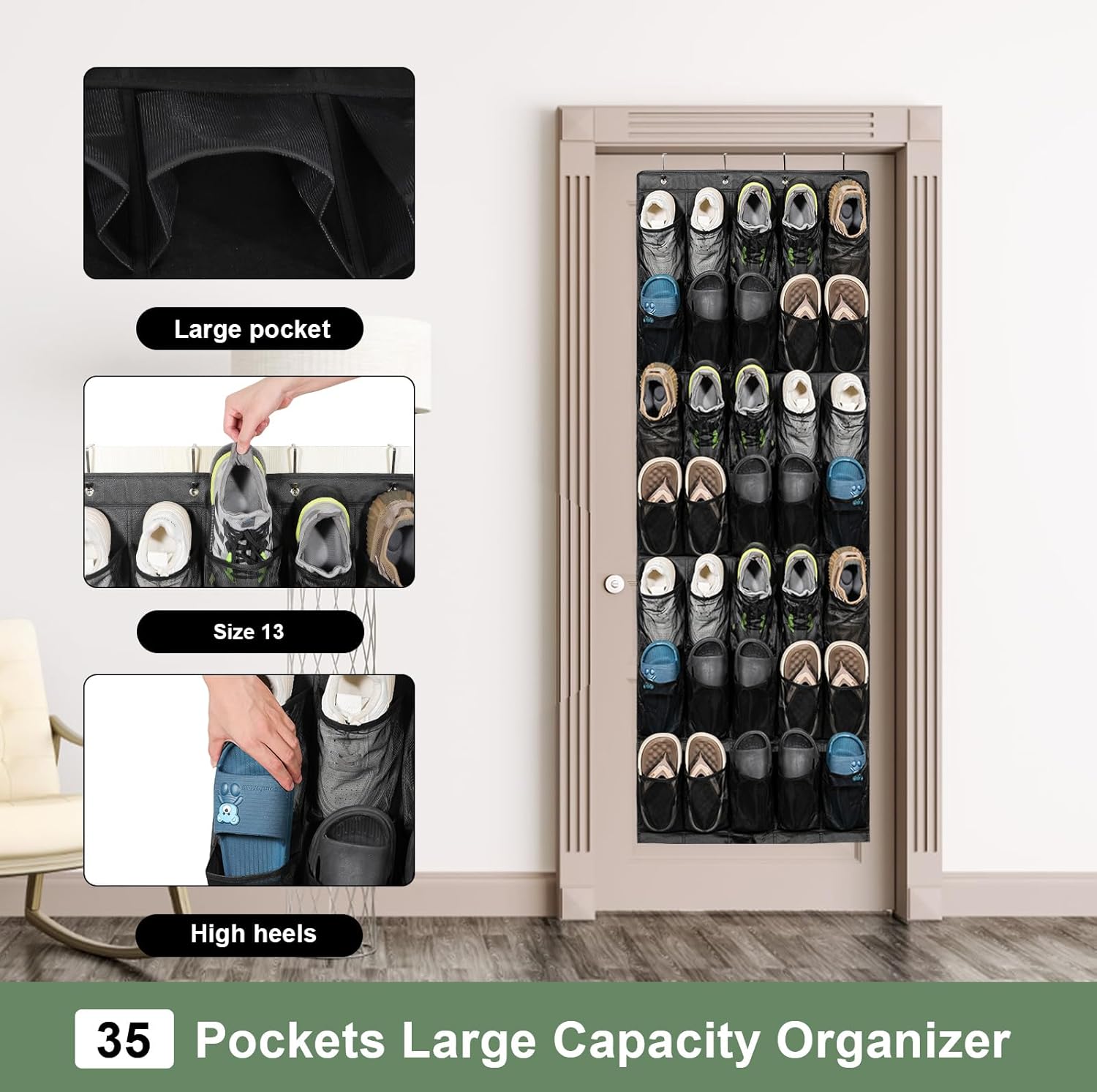2 Pcs Large Hanging Shoe Rack, 35 Pocket Over The Door Shoe Organizer, Black