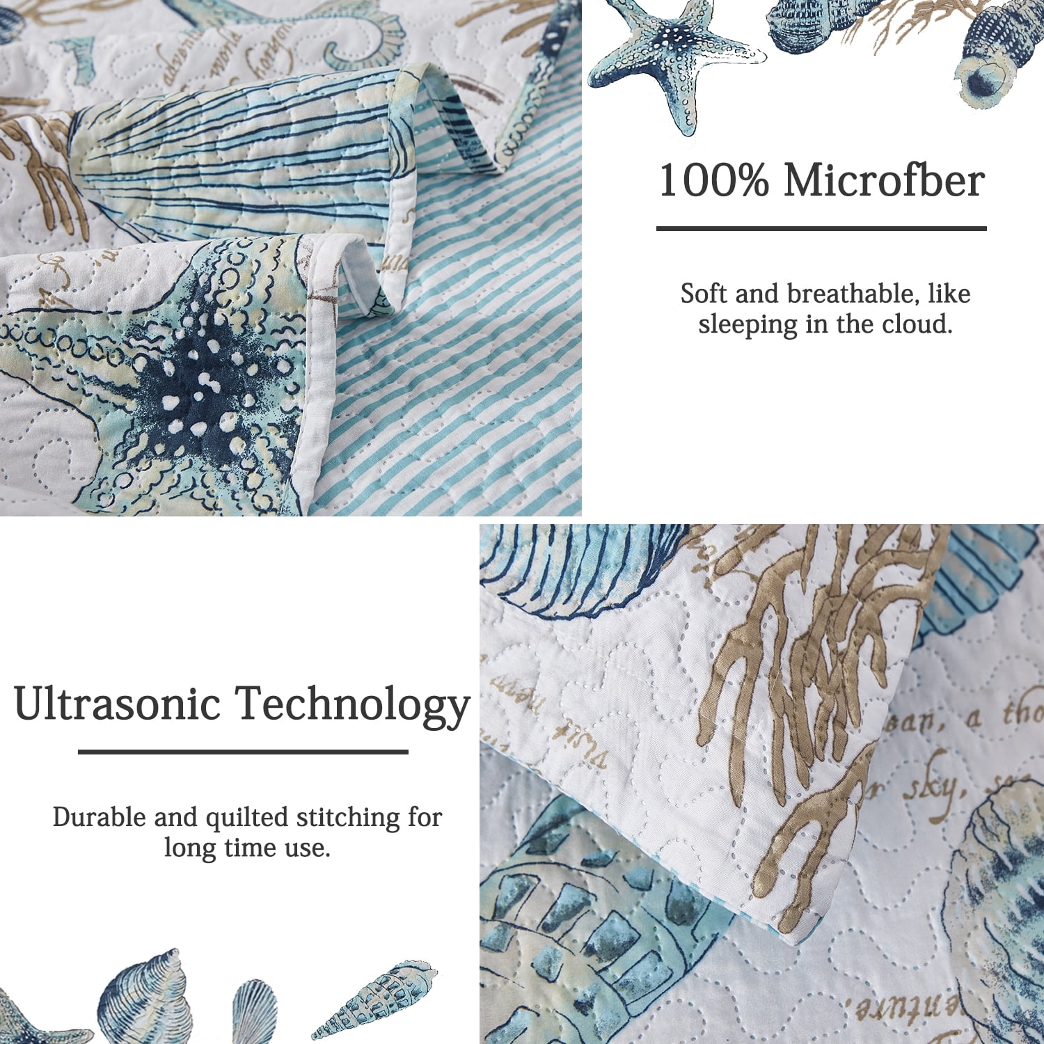Jessy Home Shell Quilt Queen/Full Size Coastal Beach Bedspreads Microfiber Bedding Set