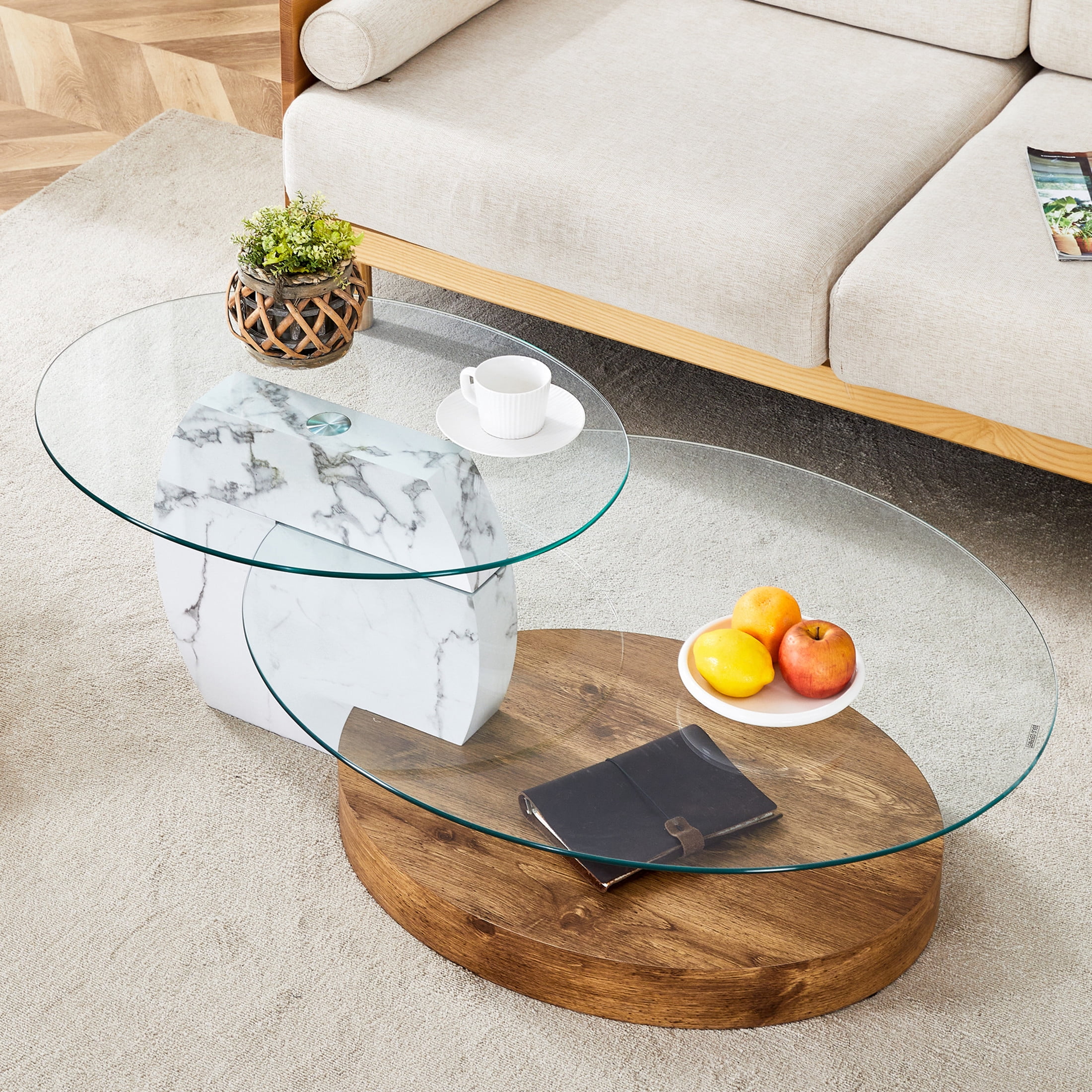 Noble House 47" Contemporary Double-Layer Coffee Table, Marble & Tempered Glass Table Top, Wood Grain Base, White