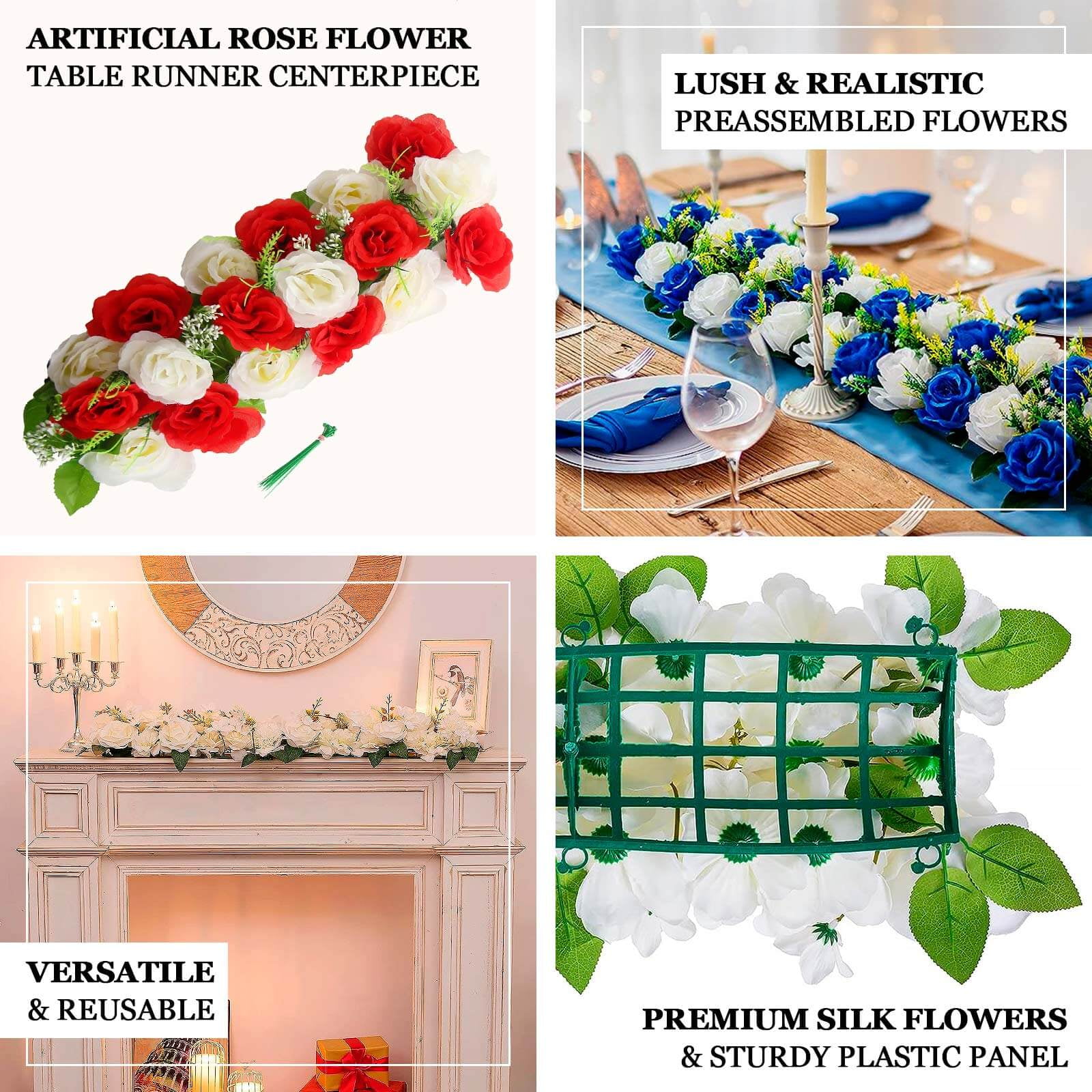 Efavormart 6 Pack Cream Ivory Silk Rose Flower Panel Table Runner, Artificial Floral Arrangements Dining Table Decor - 20"x8"