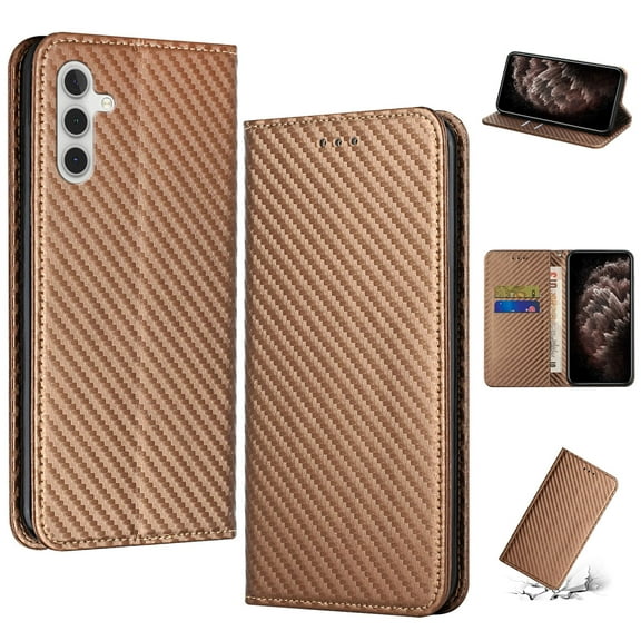 SaniMore for Samsung Galaxy A14 5G Wallet Case, Wrist Strap Magnetic Clasp, Card Slots Carbon Fibre Skin Shockproof TPU Anti-drop Anti-scractch Stand Business Full Body Protective Shell, Brown