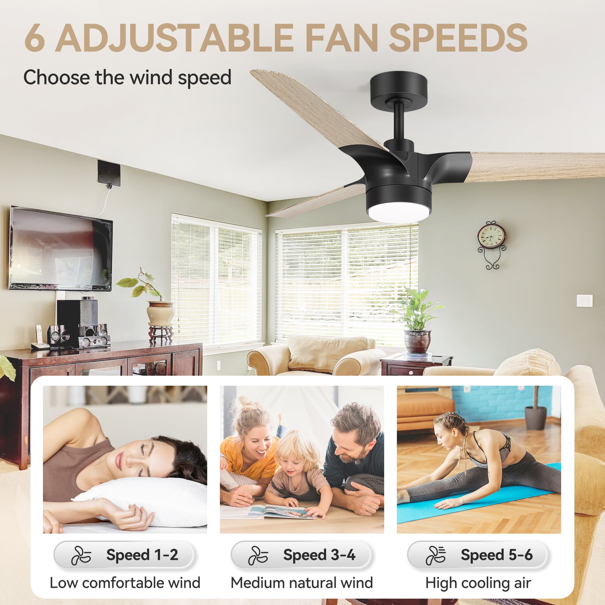 ALKAFY 52 inch Modern Ceiling Fan - 3-Blade Black/Wood Grain Fan Blades, DC Motor, LED Light & Remote