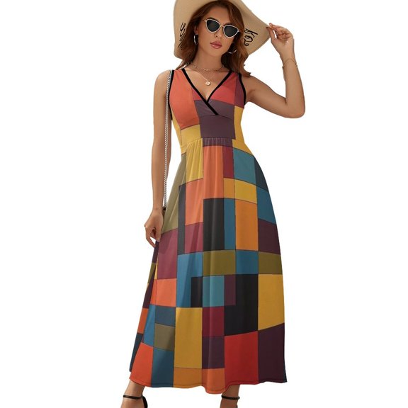 Modern Art Colorful Squares Dress Summer Street Style Bohemia Long Dresses Female Sleeveless Printed Maxi Dress