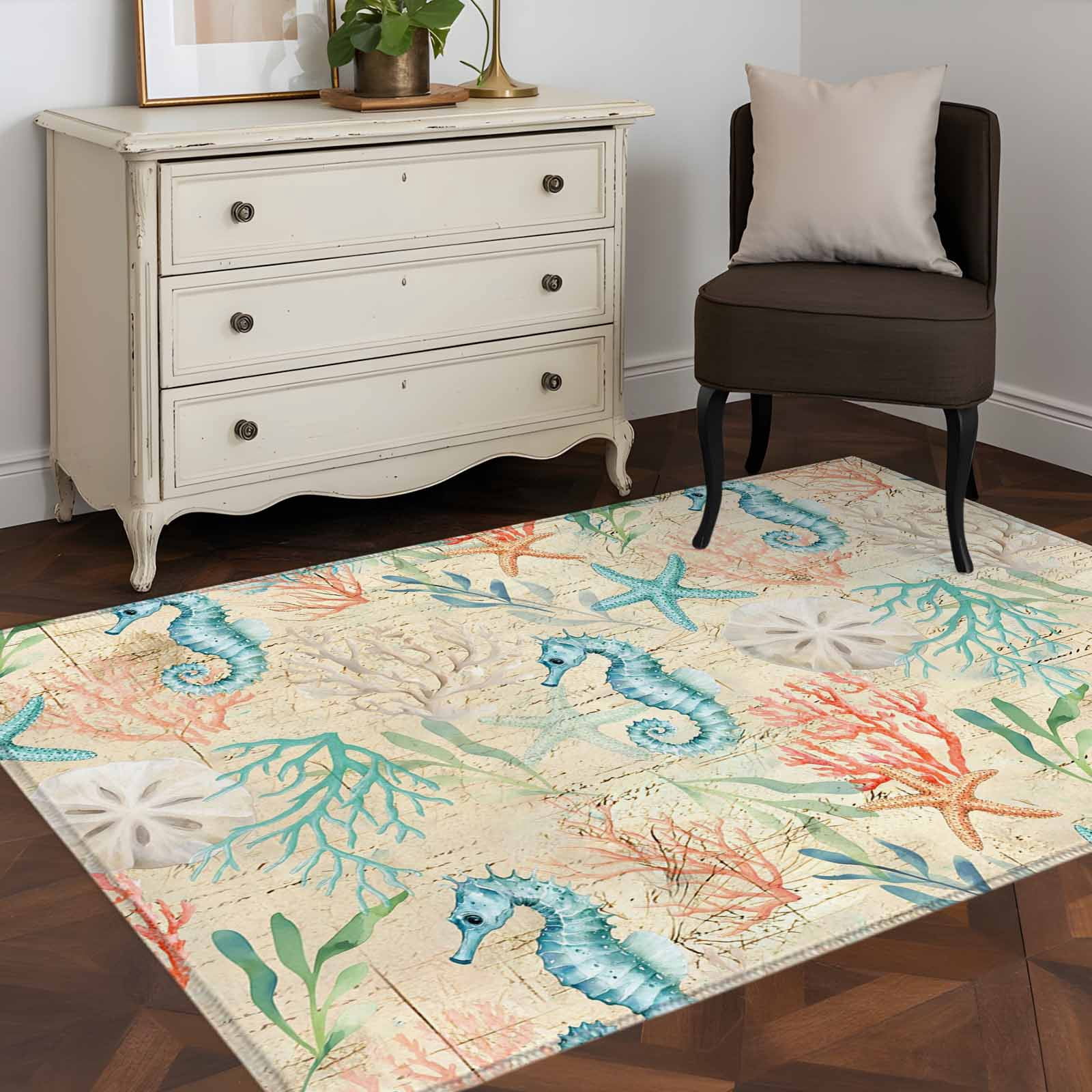 Area Rugs for Living Room Bedroom, Teal Red Coastal 4'x6' Rug Washable Carpet Runner Indoor Outdoor, Nautical Seahorse Beach Coral Starfish Beige Non Slip Accent Floor Mats Rug for Kitchen, Office