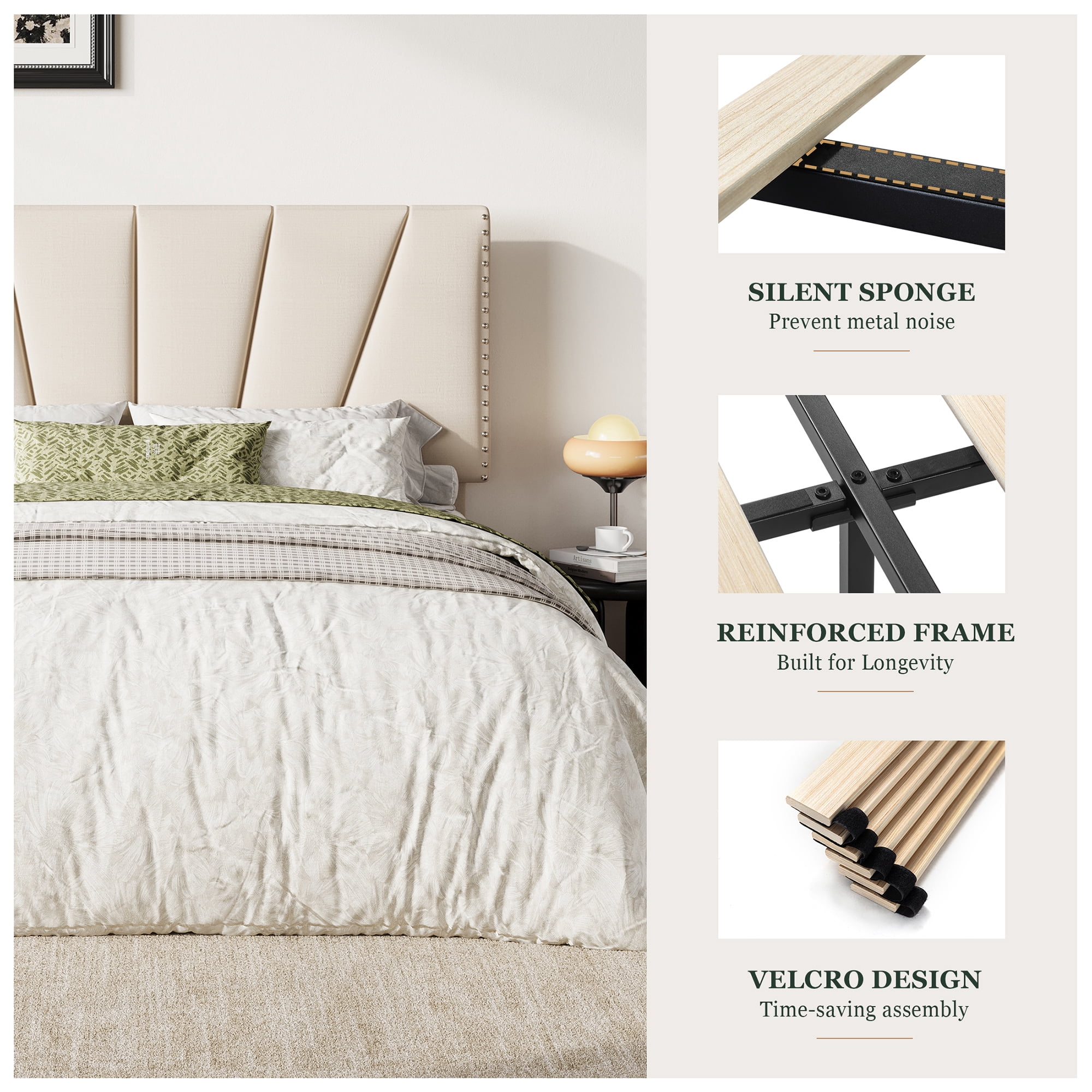 Amolife Full Size Platform Bed Frame with Adjustable Velvet Upholstered Headboard, Cream