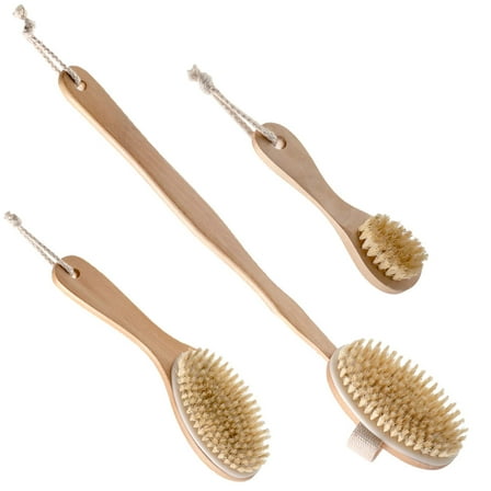 Dry Brushing Body Brush Set with 100% Natural Boar Bristles (Set of 3) | Skin Exfoliating Kit with Long Detachable Back Brush, Contour Body and Face Brushes | Lymphatic Drainage, Cellulite