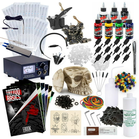 Rehab Ink Complete Tattoo Set w/ 2 Machines, Power Supply, 7 Millennium Mom's Ink Colors, Skull Ink Holder &