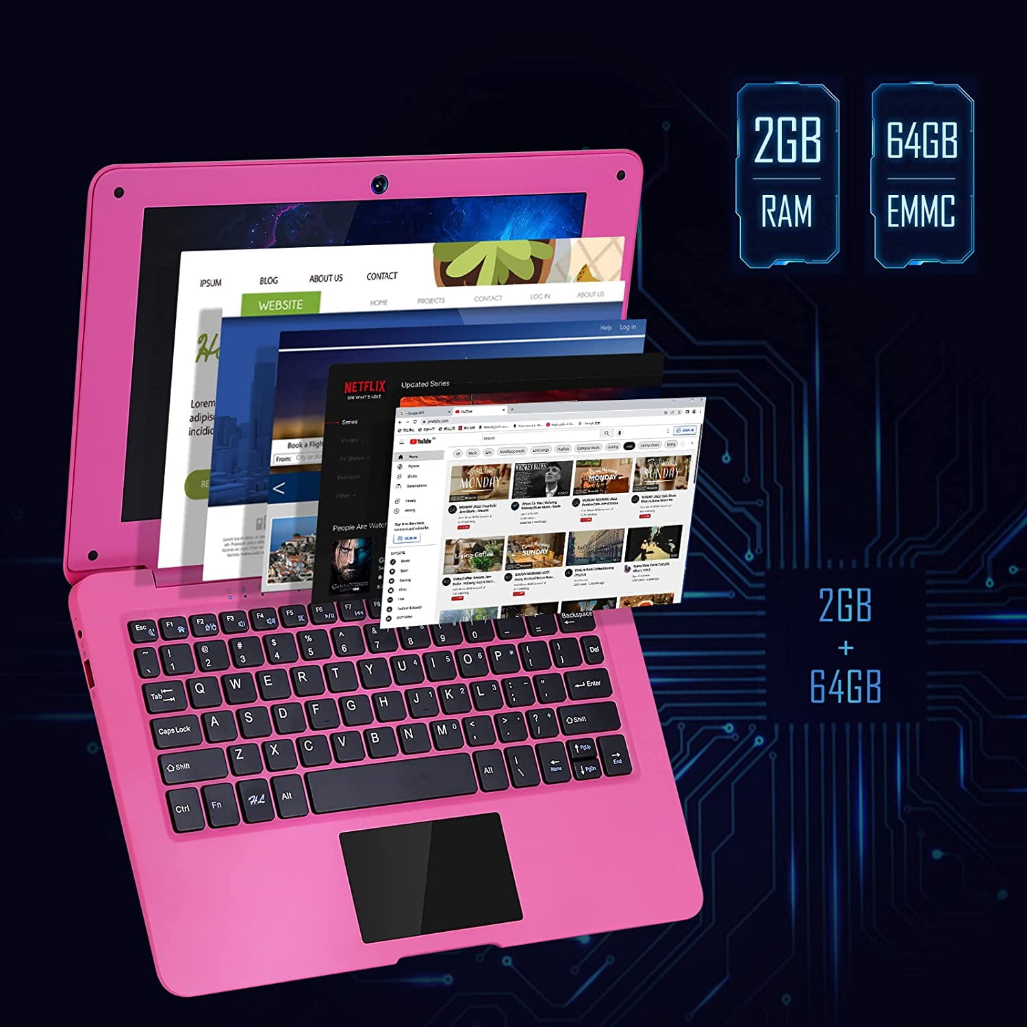NBD 10.1 Inch Laptop Android 12.0 Computer, Quad Core Powered Netbook,2G RAM+64 GB ROM Mini Laptop Computer for Kids with Bag, Mouse, and Mouse Pad(Pink)