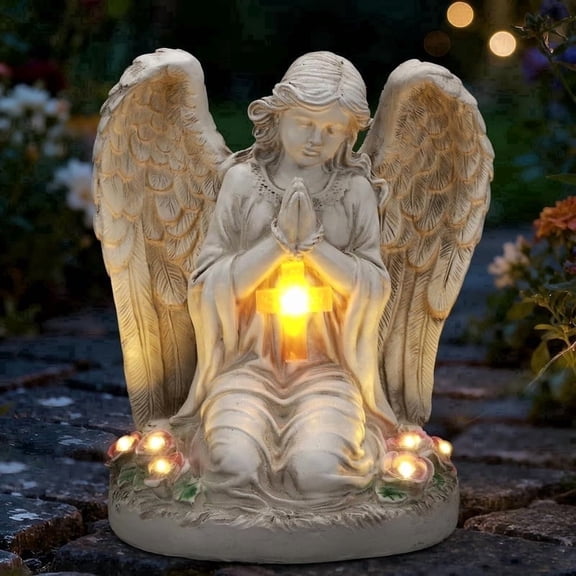 Solar Angel Garden Statue with Light Cross, Angel Solar Lights Outdoor Garden, Guardian Angel Statue Outdoor Decor for Garden Yard Patio