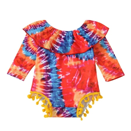 

Infant Baby Girls Spring and Autumn Long Sleeve Romper Fashion Tie-dye Print Lotus Collar Creeper Baby Triangle Romper
