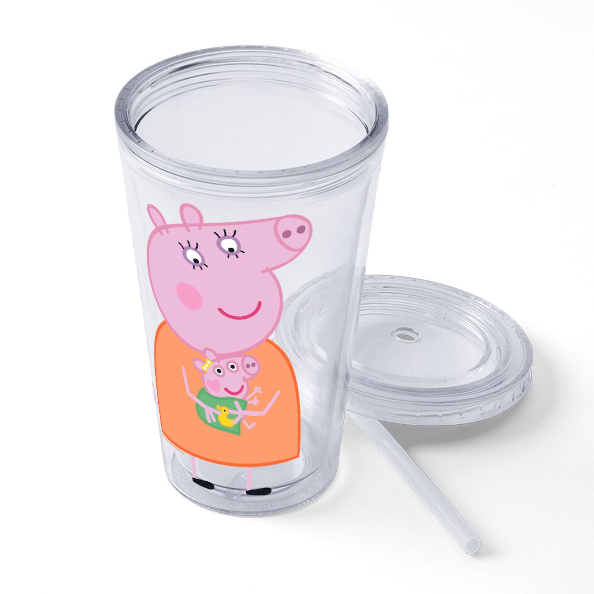 CafePress - Peppa Pig: Holding Baby - 16 Ounce Classic Clear Insulated Double Wall Tumbler Cup with Lid Straw , Reusable