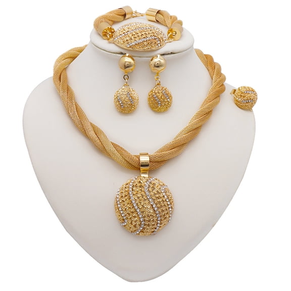 18K Gold Plated Four-Piece Set Round Pendant Rhinestone Necklace Earrings Bracelet Ring-Alloy Jewelry