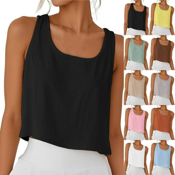 Otntypg Womens Scoop Neck Cotton Linen Tank Tops Loose Lightweight Casual Solid Color Cami Sleeveless Blouses Summer Basic Tank Shirt Black M