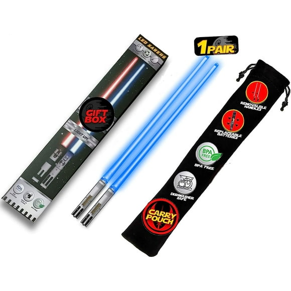 Lightsaber Chopsticks Light UP Star WAR LED Glowing Light Saber Chop Sticks Reusable Sushi Lightup Sabers - Removable Handle Dishwasher Safe - Premium Gift Box & Carry CASE Included - Blue 1 Pair