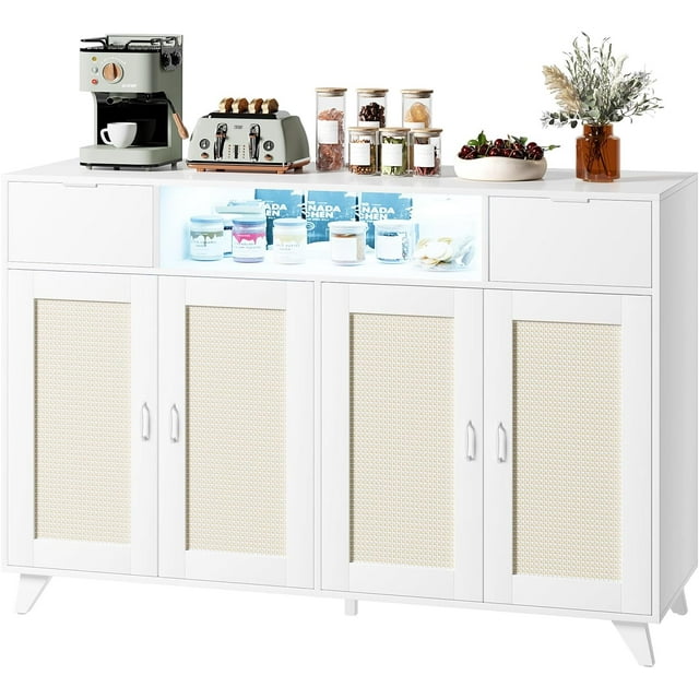 47.2“”Rattan Sideboard Cabinet with Charging Station & LED Lighting, Boho Buffet with Adjustable Shelves for Living Room & Dining Room