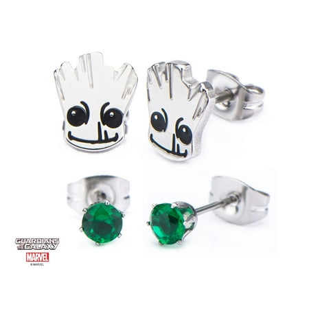Groot Stud Earrings - Marvel Comics Stainless Steel Gemstone Artwork, Set of 2