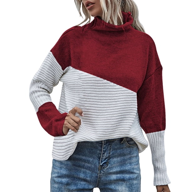 Gibobby SuéTer Para Mujeres Suéter de de contraste de color de manga larga con cuello de otoño e invierno para mujer(Rojo,M)