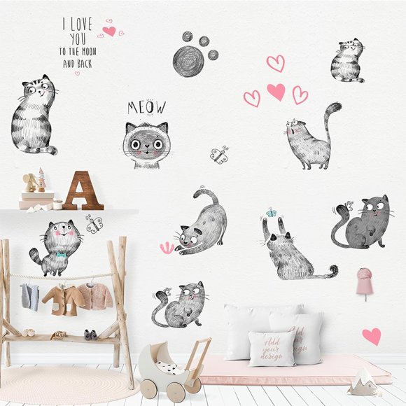 OOTSR Cute Cat Wall Decals for Kids, Peel and Stick Wall Stickers Removable for Nursery Bedroom Playroom Living Room, Art Murals Decorations for Baby Kids Decor