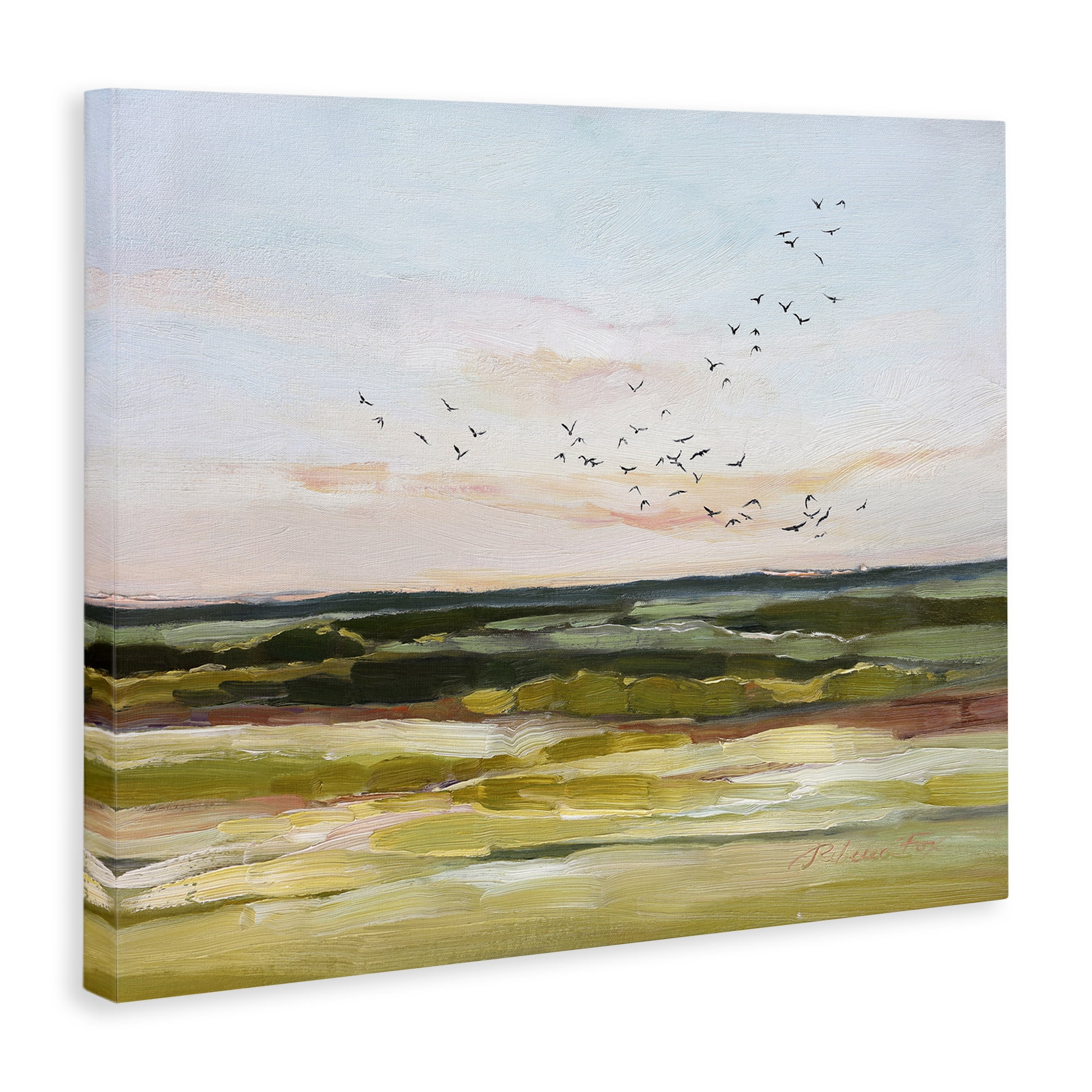 Stupell Industries Bird Flock over Grassland Landscape & Nature Painting Wrapped Canvas Art Print Wall Art, 48 x 36