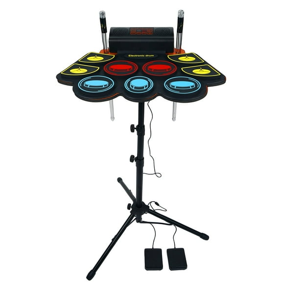 (9 almohadillas) Batería electrónica con baquetas iluminadas y soporte, almohadilla de batería electrónica con 5 baterías diferentes, 10 ritmos únicos, parlantes dobles incorporados, batería enrollabl
