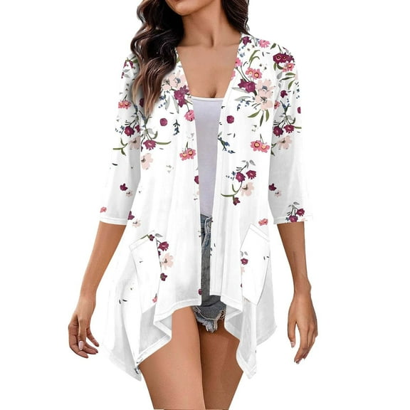 LIJCC Women'S Lightweight Cardigan 3/4 Sleeve Cardigan Lightweight Cardigans for Women 3/4 Sleeves Front Cardigan Boho Draped Ruffles Plus Size Knit Soft Cardigan