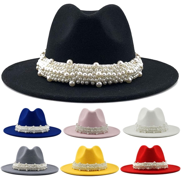 Ladies Fedora Hat Retro Style Pearl Band Wide Brim Felt Panama Hat Trilby
