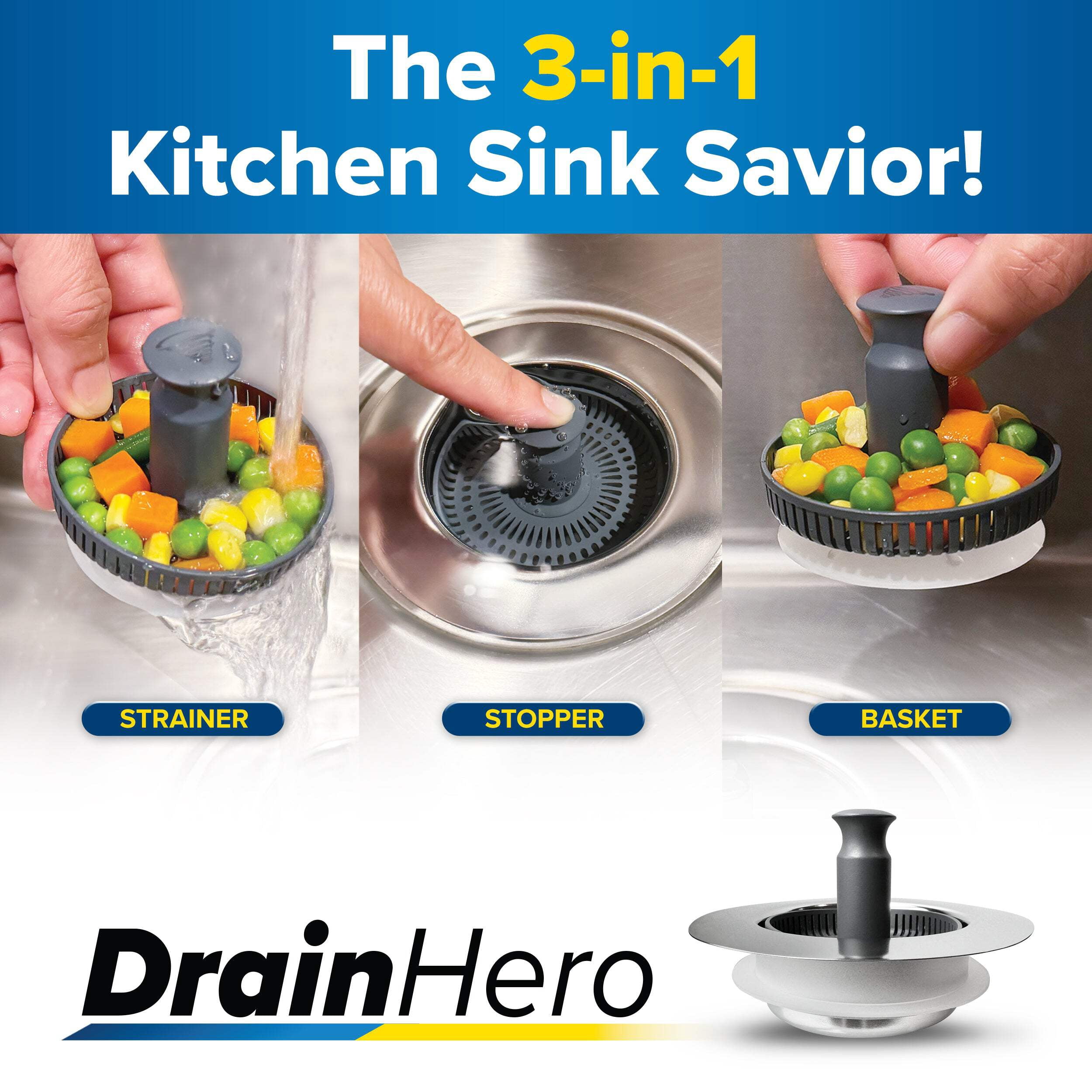 Drain Hero™ 3-in-1 Kitchen Sink Strainer, Stopper  Basket – Stainless Steel, Anti-Clog, Dishwasher Safe