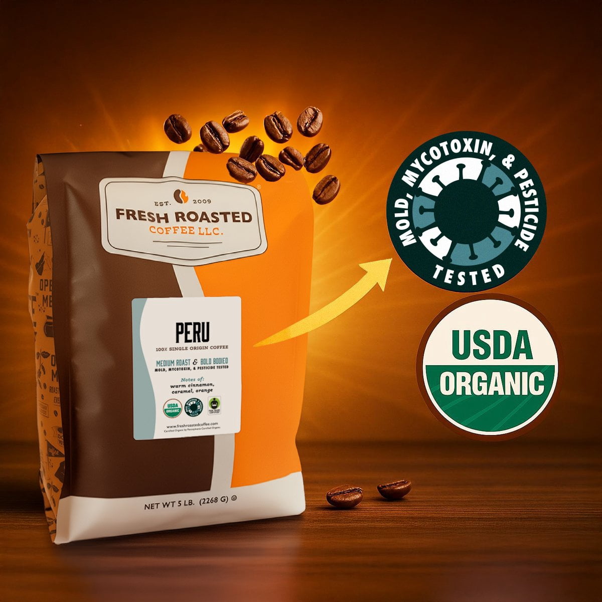 Fresh Roasted Coffee, Organic Peru Coffee, Medium Roast, Whole Bean, 80 oz 5 lbs