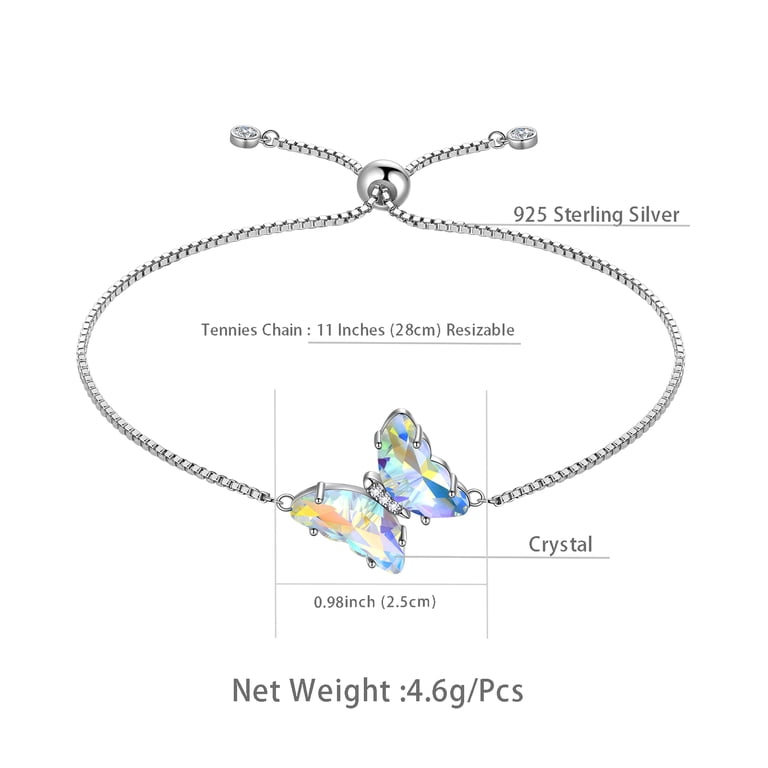 Juwaliy White Butterfly Bracelet, Sterling Silver, April Birthstone photo 6