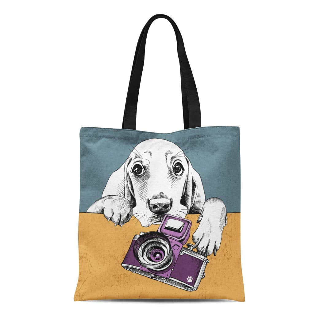 Basset Hound Dog Print Linen Tote Bags Eco Reusable Shopping Bag Beach Bag 