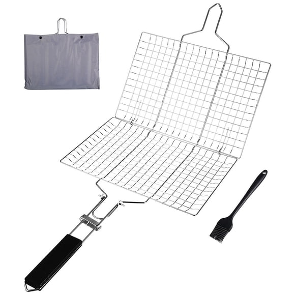 Toystoory - Cesta para asar a la parrilla con asa - Red para barbacoa - Rejilla para cocinar portátil plegable con cepillo para especias Estufas de camping